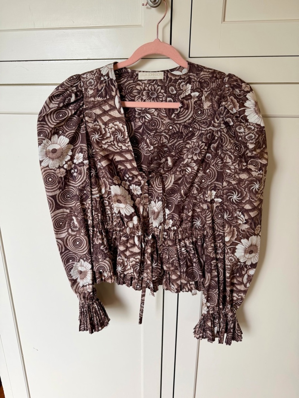Ulla Johnson Brown Floral Puff-Sleeve Smocked Blouse